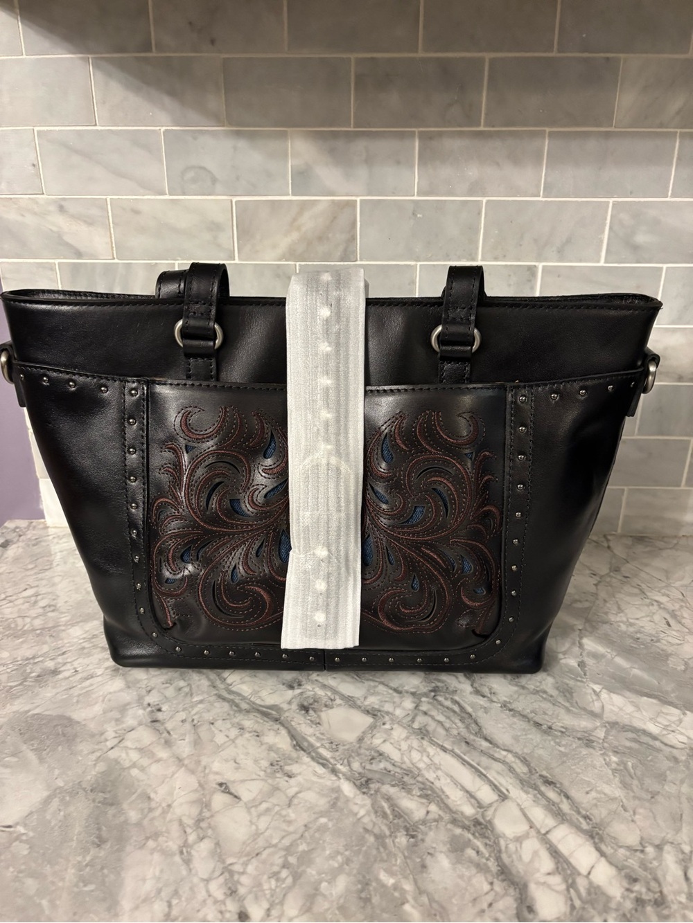 NWT Patricia Nash Lux Ranch Western style black leather tote.